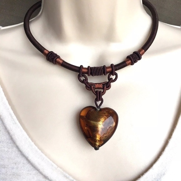 Handmade Jewelry - Foil Art Glass Puffy 3D Heart Pendant Necklace